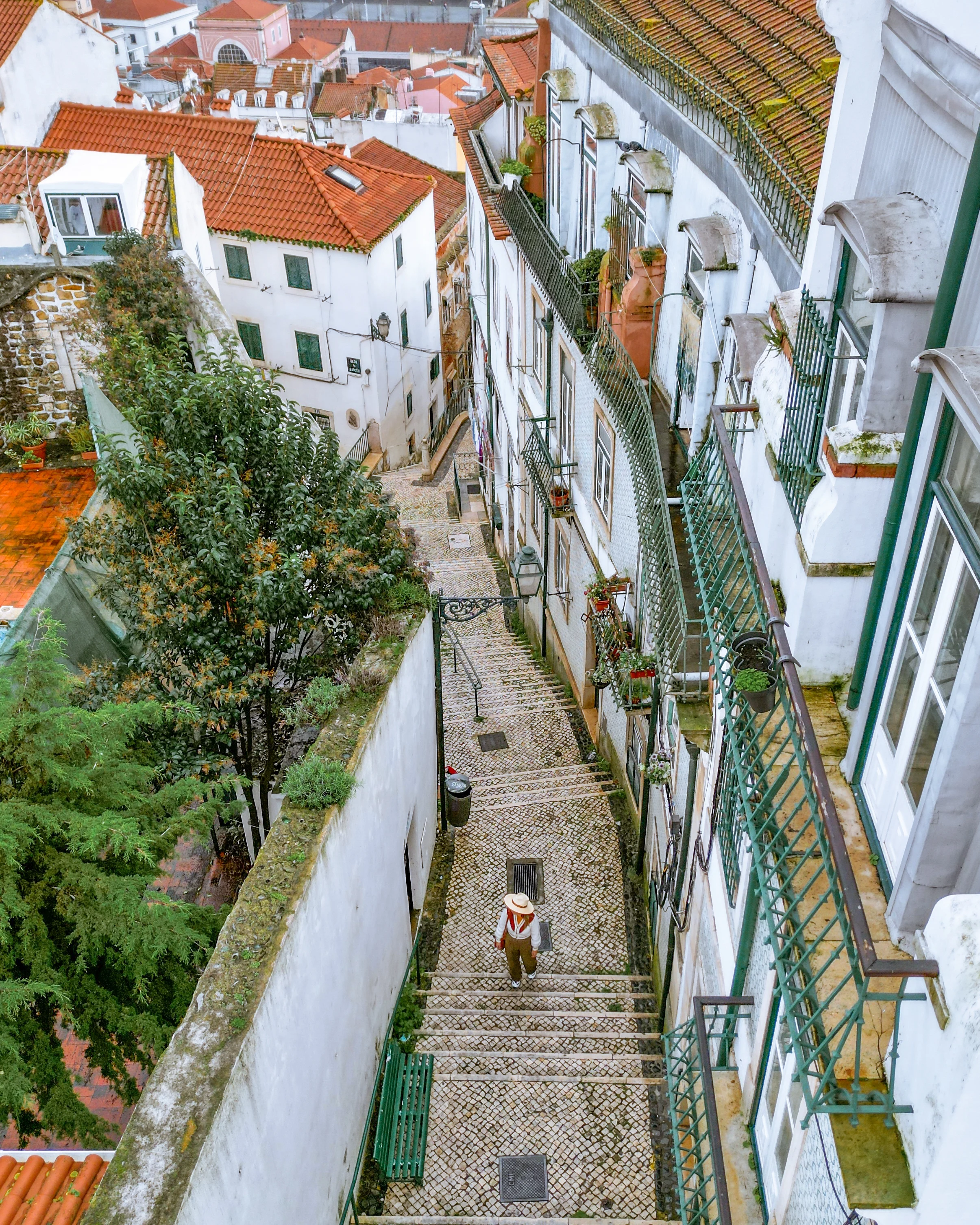 Aerial shot of scenic alleys in the historic Alfama district in Lisbon