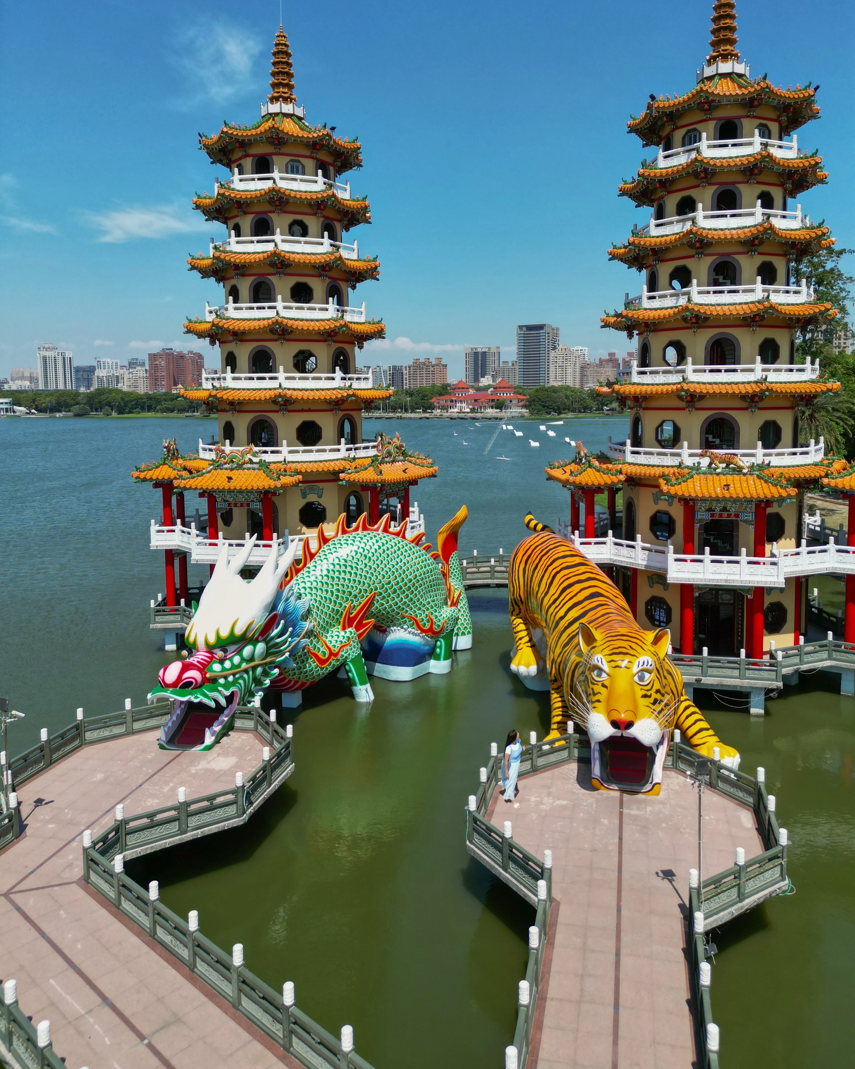 Aerial shot of the Dragon and Tiger Pagodas in Kaohsiung, Taiwan