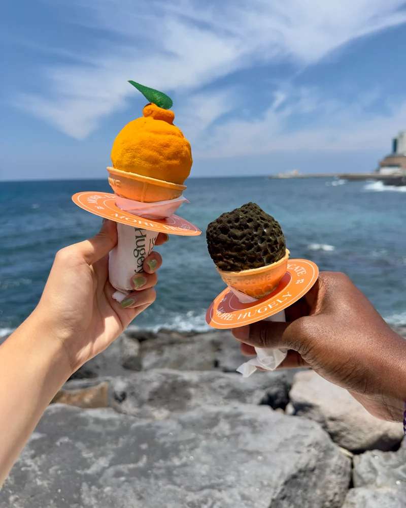 ice-cream shaped like Hallabong and volcano on Jeju Island
