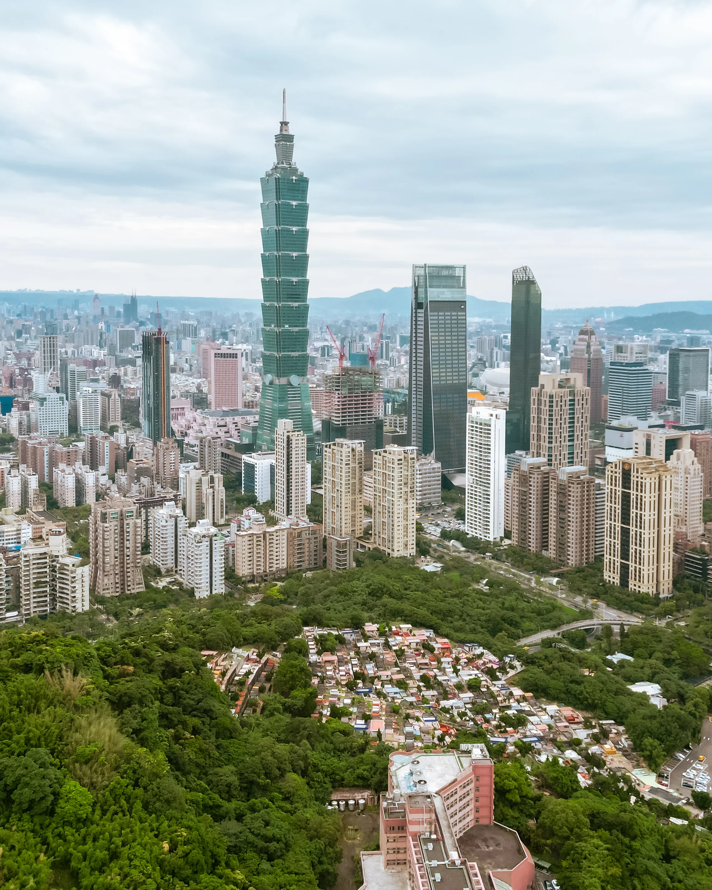 Aerial shot of Taipei 101 in Taiwan.
